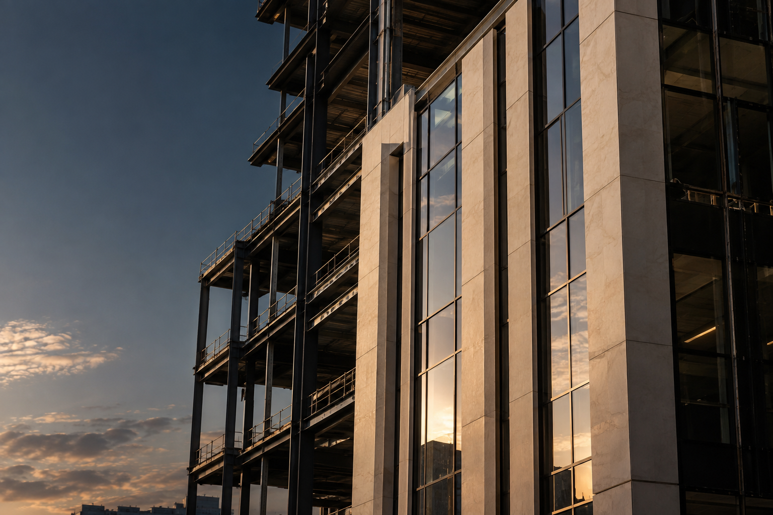 Architectural illustration of a building under construction in warm evening light